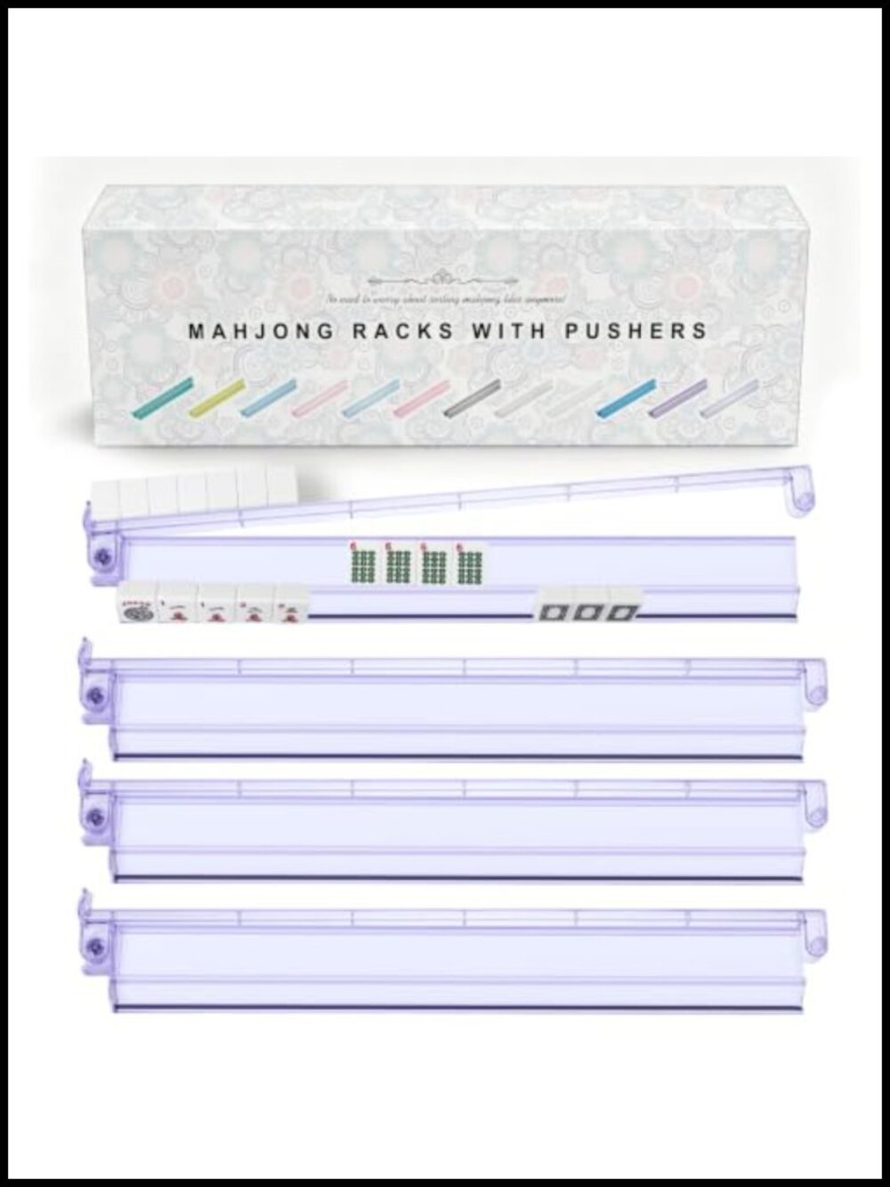 4 Pack Acrylic Mahjong Racks with Pushers, Clear Tile Holders, Game Night Set